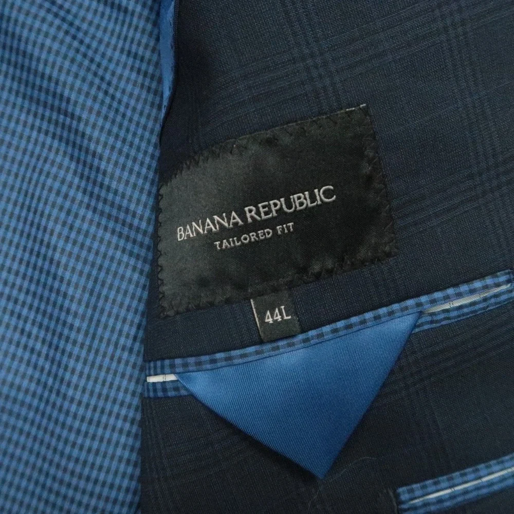 Banana Republic Blazer‎ Men 44L Blue Plaid Tailored Fit Wool Sport Coat Jacket